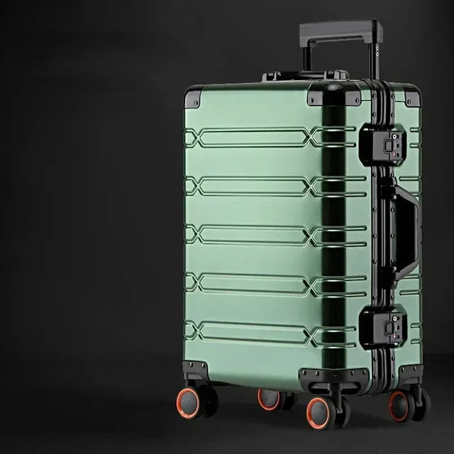 Spacious unisex aluminum-magnesium suitcase, durable hardshell luggage with spinner wheels for organized travel.