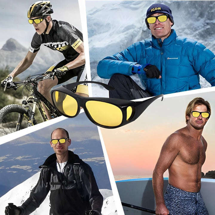 Close-up of night vision driving glasses with yellow lenses for anti-glare eye protection