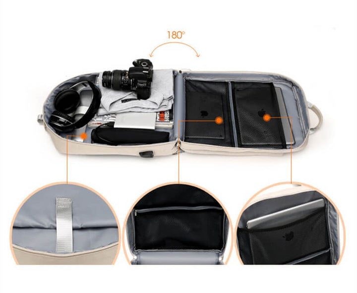 Comfortable unisex anti-theft daypack, ergonomic design with hidden zippers and external USB charging port.