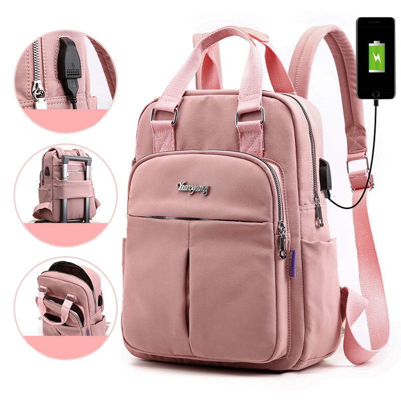 Organized interior of anti-theft tech backpack. Laptop sleeve, USB charging access, water-resistant.