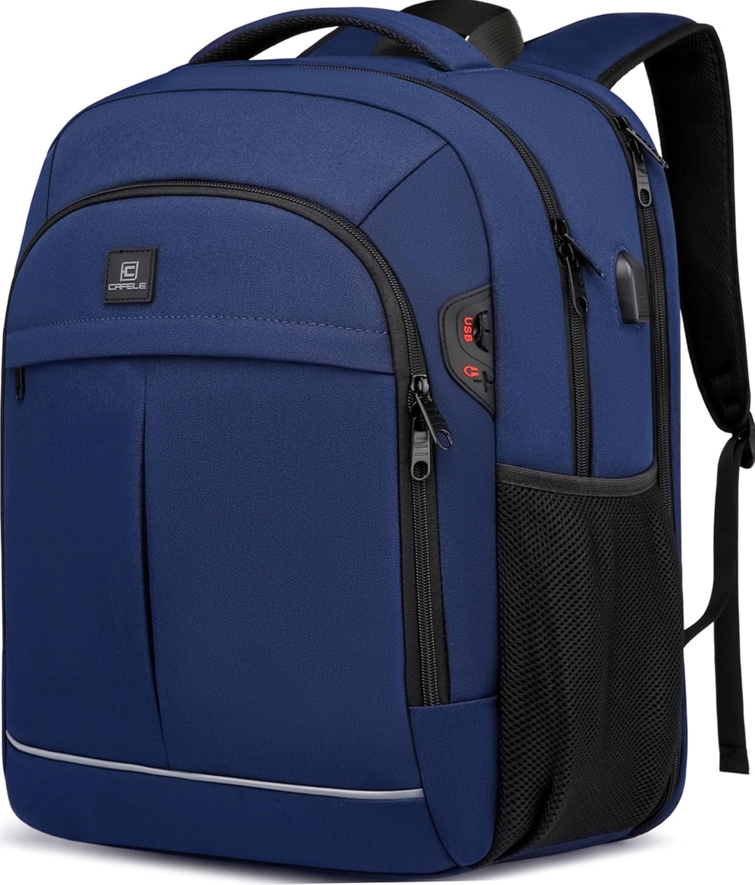 Close-up of anti-theft zippers on water-resistant laptop backpack, highlighting the USB charging port.