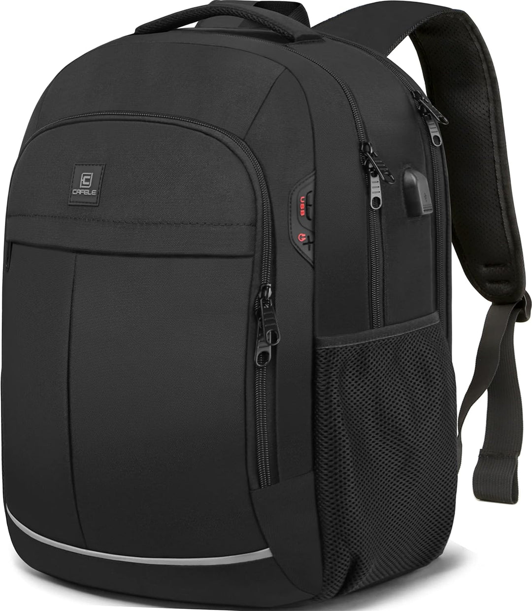 High-security anti-theft laptop backpack, water-resistant, built-in USB port for device charging.