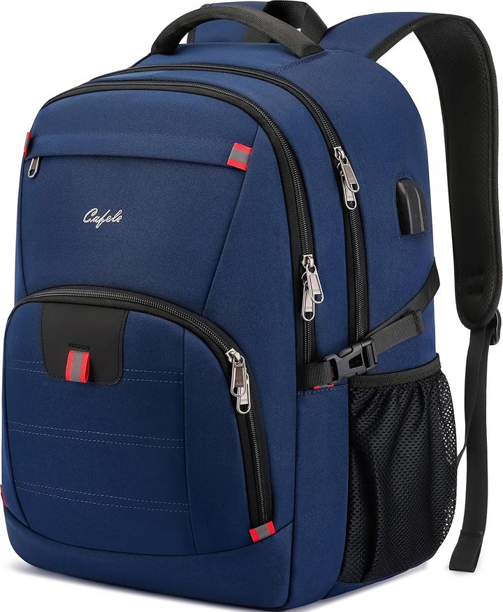 Anti-theft laptop backpack open, revealing tablet sleeve, water-resistant, with USB port access.