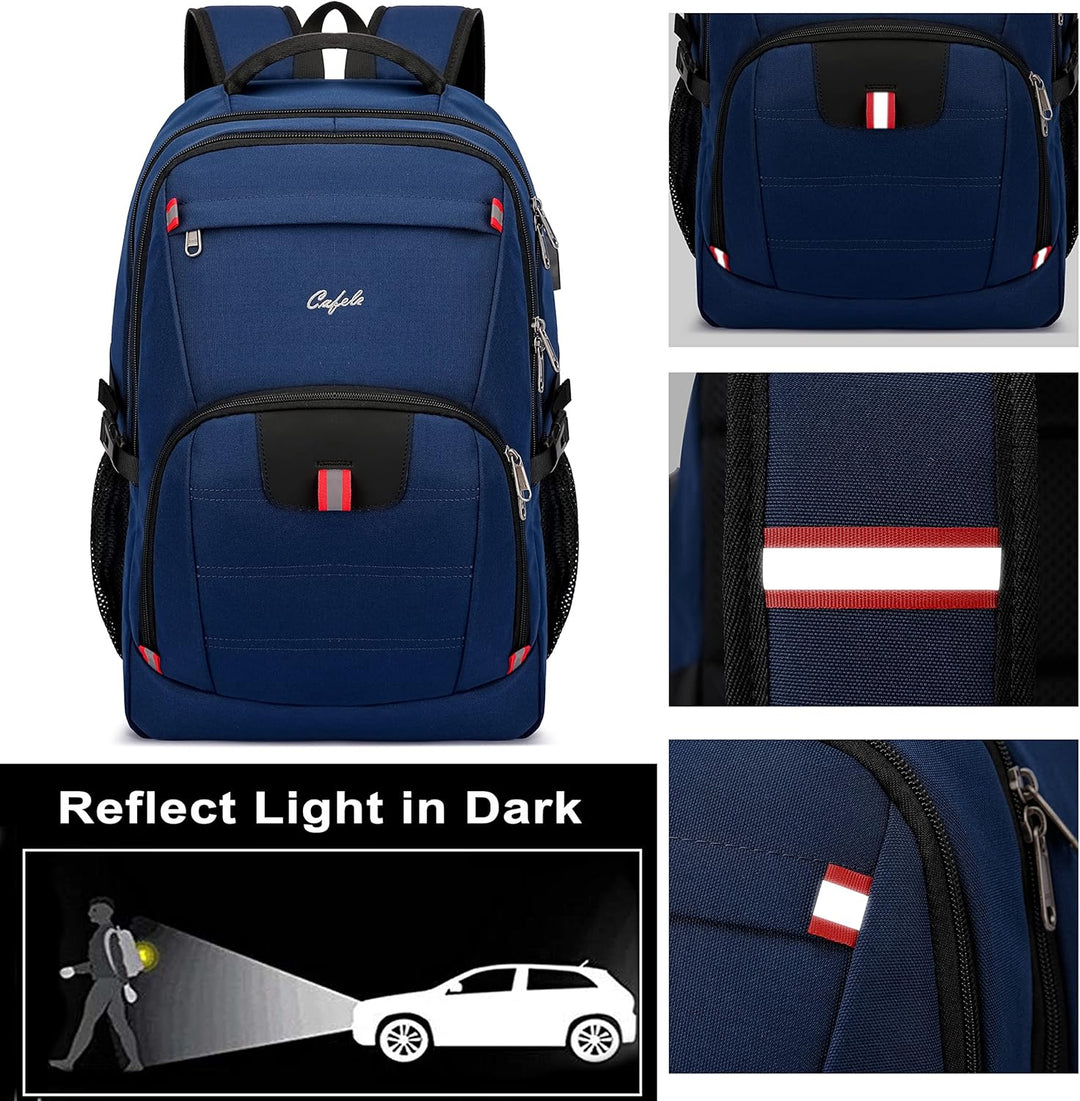 Back view of anti-theft laptop backpack with padded straps, water-resistant, and a USB port.