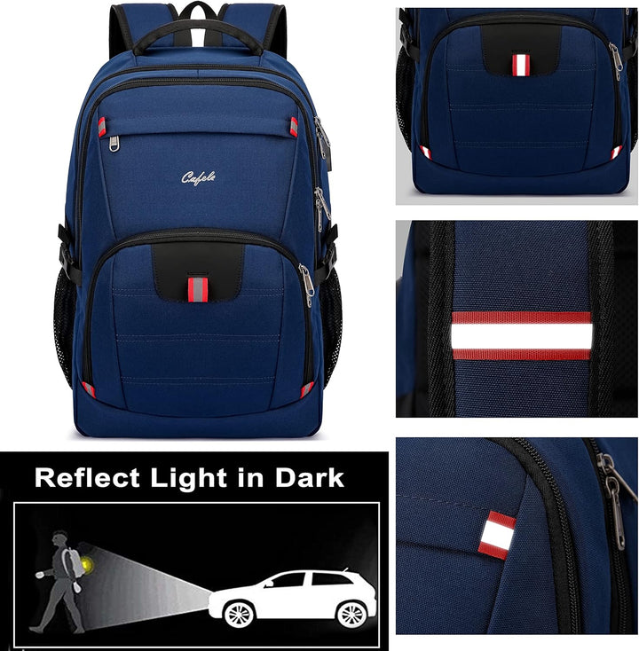 Back view of anti-theft laptop backpack with padded straps, water-resistant, and a USB port.