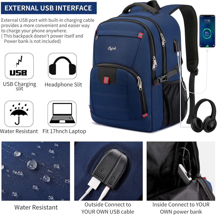 Water-resistant anti-theft laptop backpack in action, used by a busy commuter with USB charging.