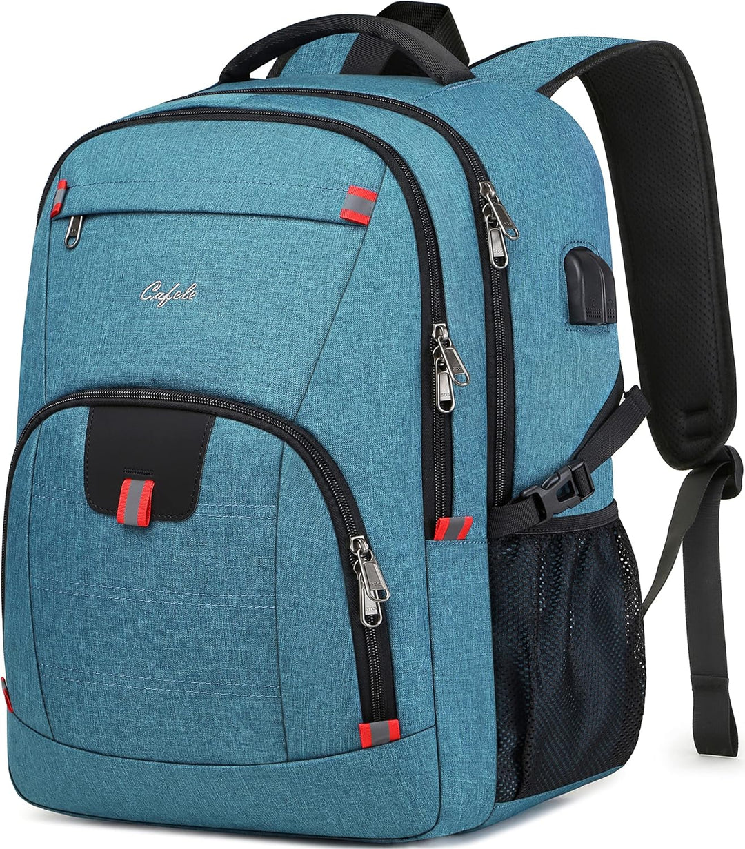 Secure school laptop backpack, anti-theft features, water-resistant, with built-in USB charger.