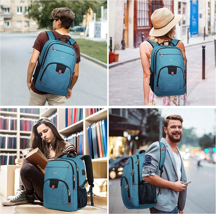 Front view of TechPro anti-theft laptop backpack, water-resistant, USB charging for urban travel.