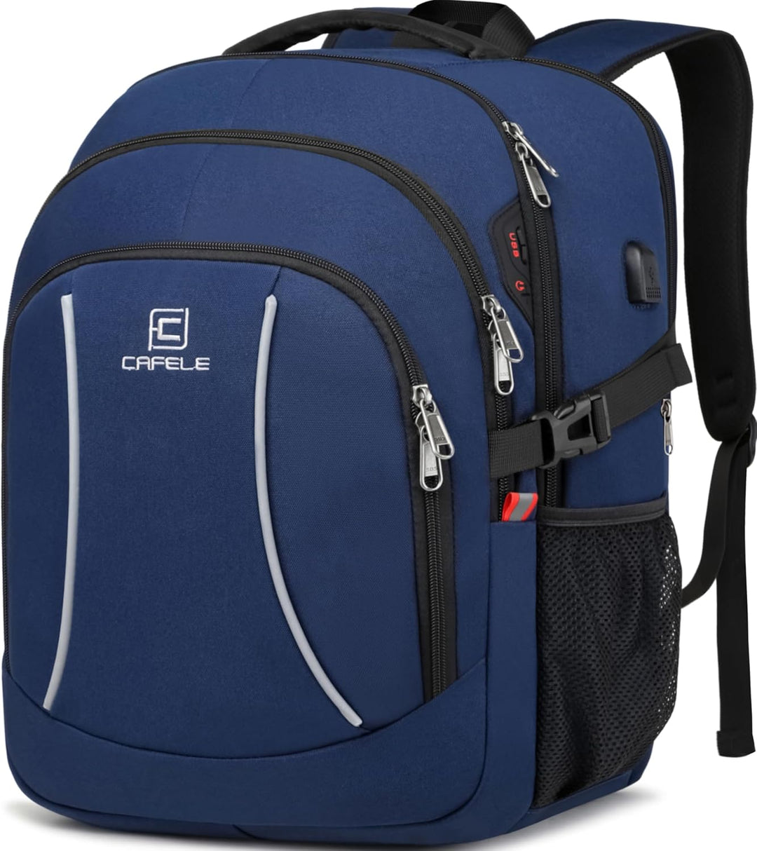 Interior organization of anti-theft laptop backpack, water-resistant, secure pockets, USB port.