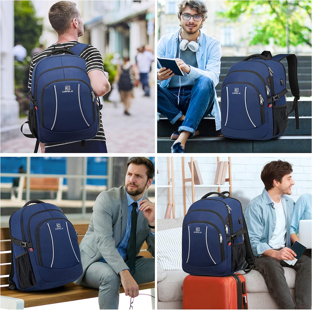 Person wearing a water-resistant anti-theft laptop backpack with USB port, walking city street.