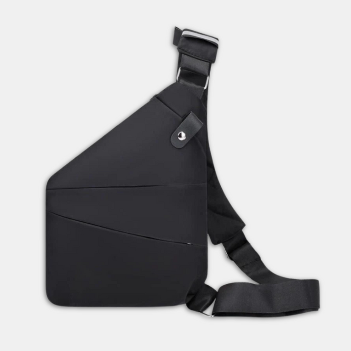 Rear view of black Unisex Anti-Theft Urban Crossbody Bag, showcasing strap & pocket