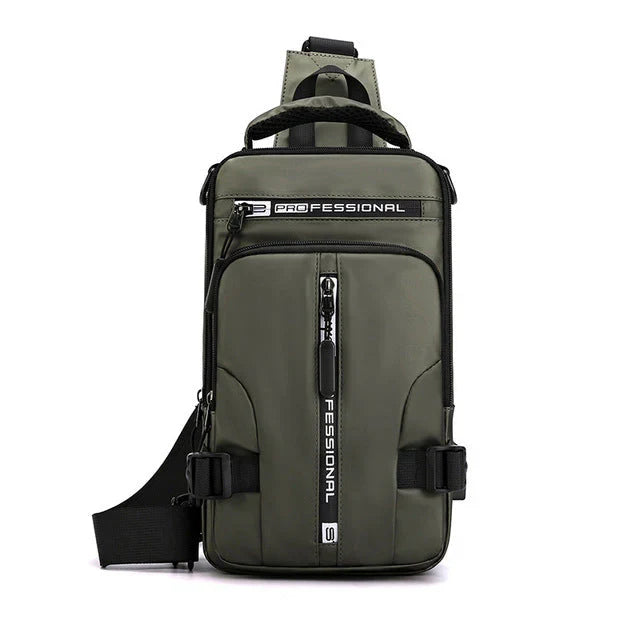 Durable unisex anti-theft travel bag, shown being worn to demonstrate comfort and fit