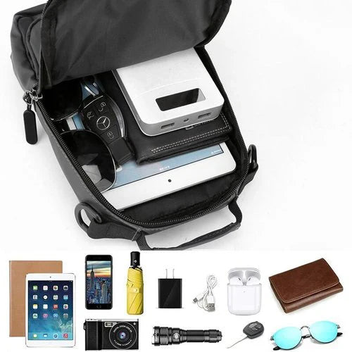 Unisex commuter backpack, anti-theft features, shown with a sleek, minimalist design