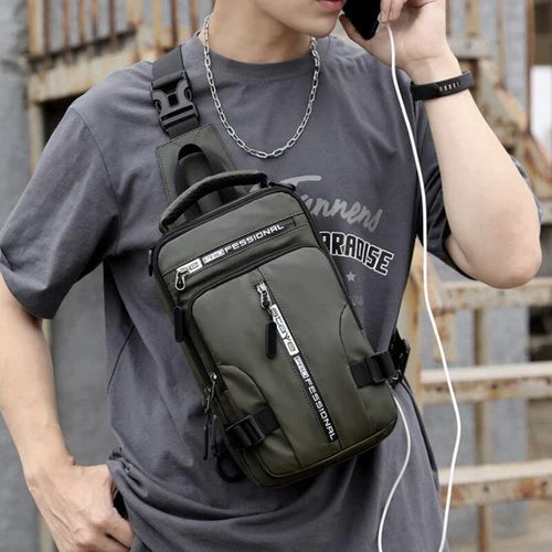 Antitheft backpack, unisex, durable, viewed from the side, highlighting its slim profile