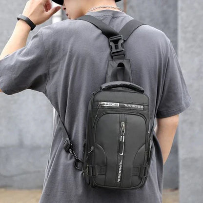 Secure grey anti-theft backpack, water-resistant material, perfect for daily use or travel