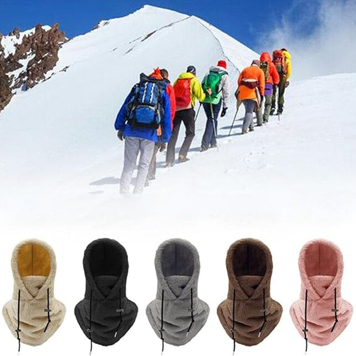 Model demonstrating the balaclava mode of the ArcticShield 3-in-1 winter hat. Warm, windproof.