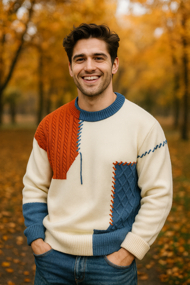 Unisex Arty Patchwork Sweater, a multicolor crew neck top for artistic casual fashion.