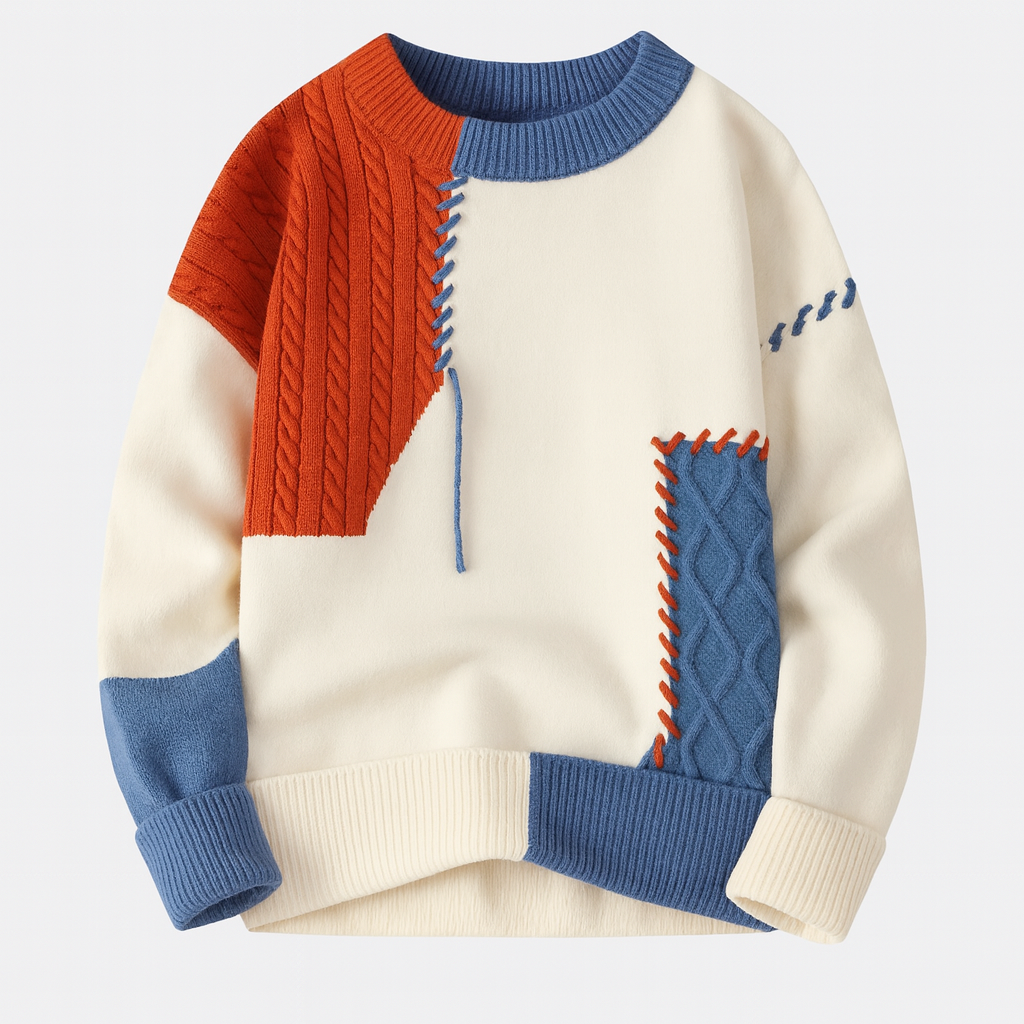 Comfortable unisex patchwork sweater with vibrant colors, perfect for fall street style.