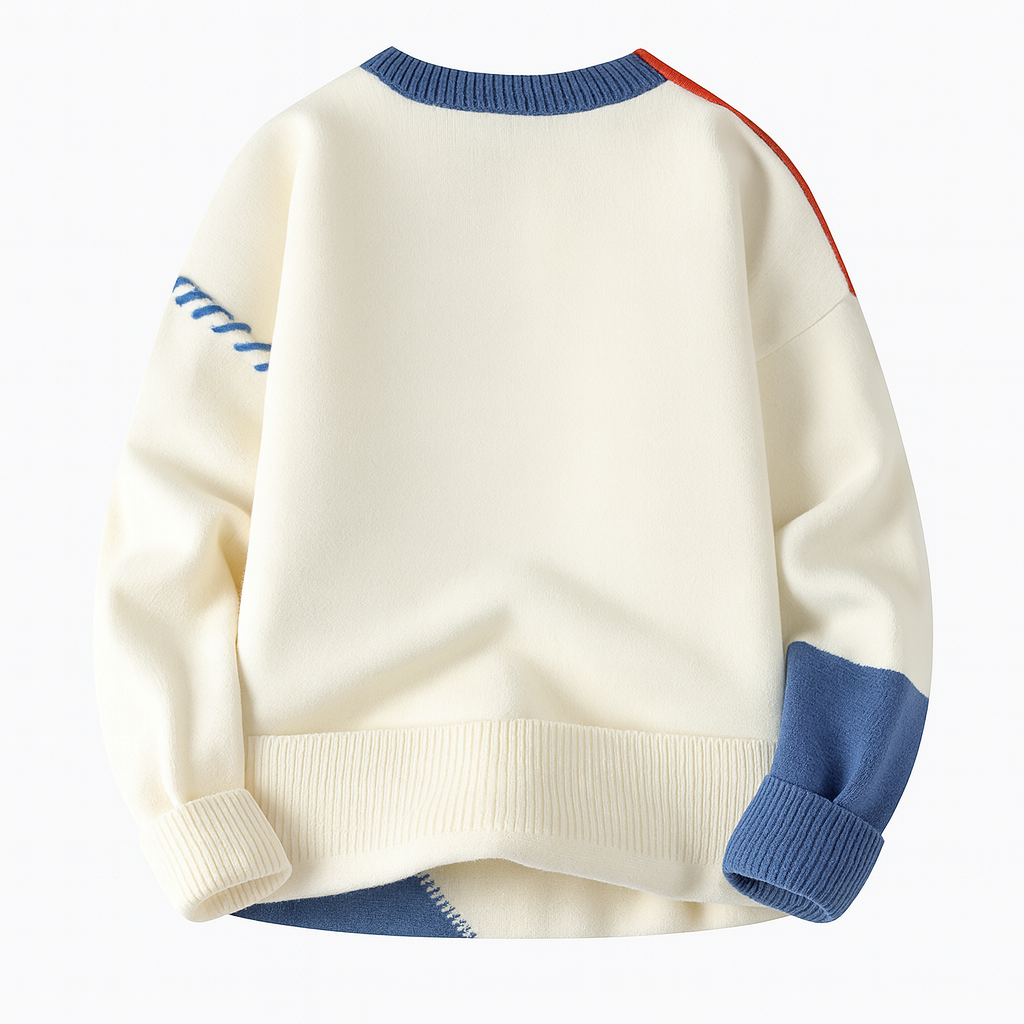 Arty patchwork sweater for unisex fashion, showcasing a unique multicolored design.