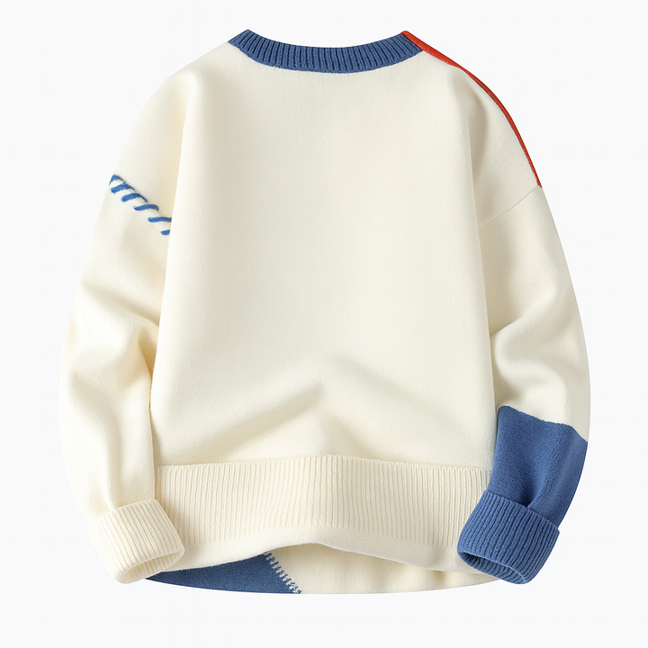 Arty patchwork sweater for unisex fashion, showcasing a unique multicolored design.