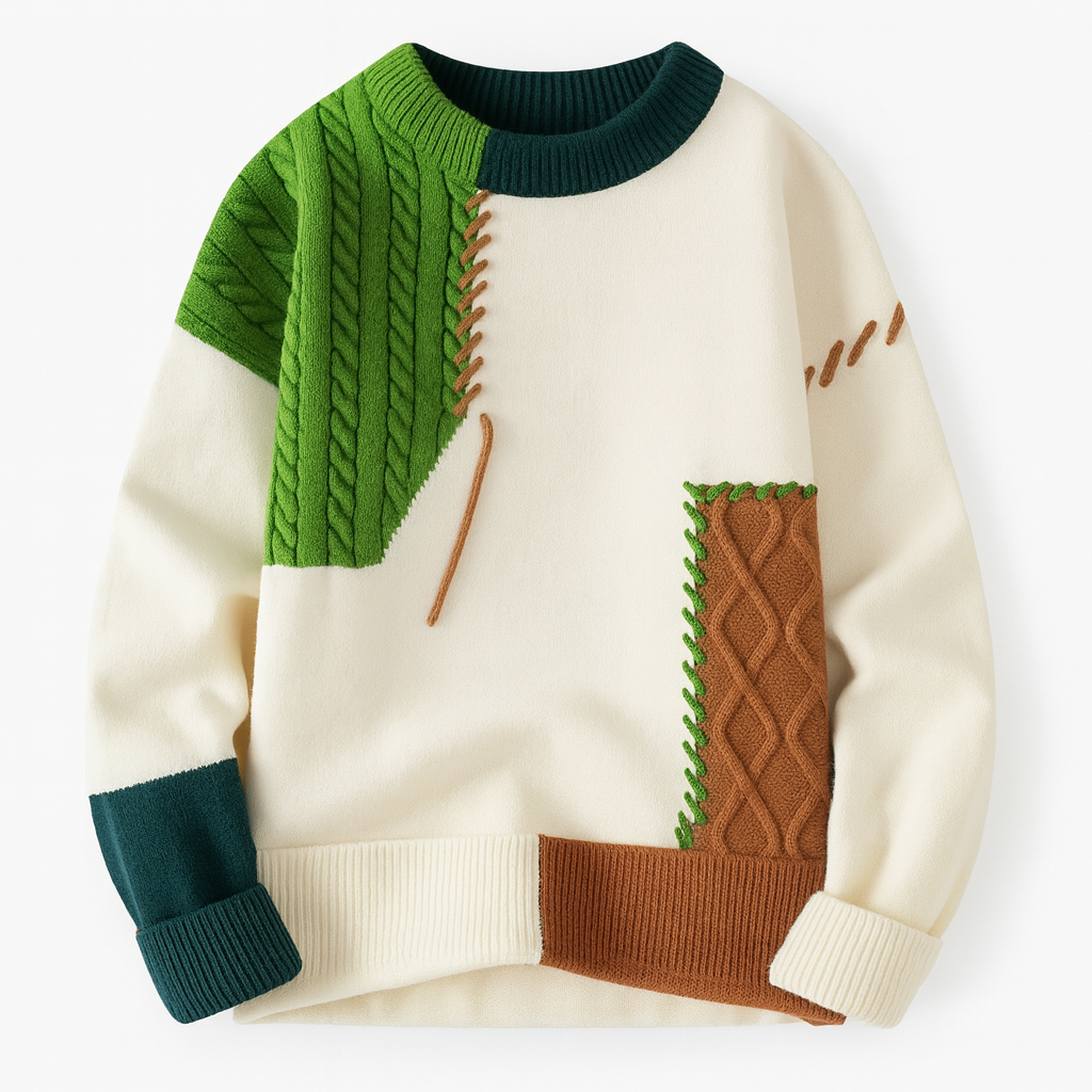 Casual crew neck patchwork sweater, a comfortable and artistic clothing choice for fall.