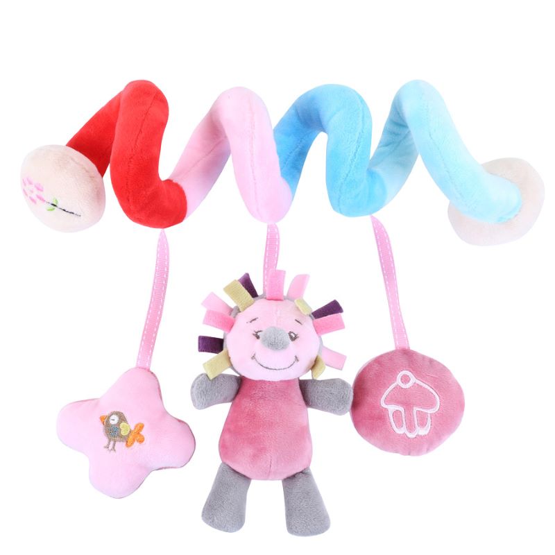 Stroller and crib spiral activity toy, plush baby rattle for sensory development & engagement.