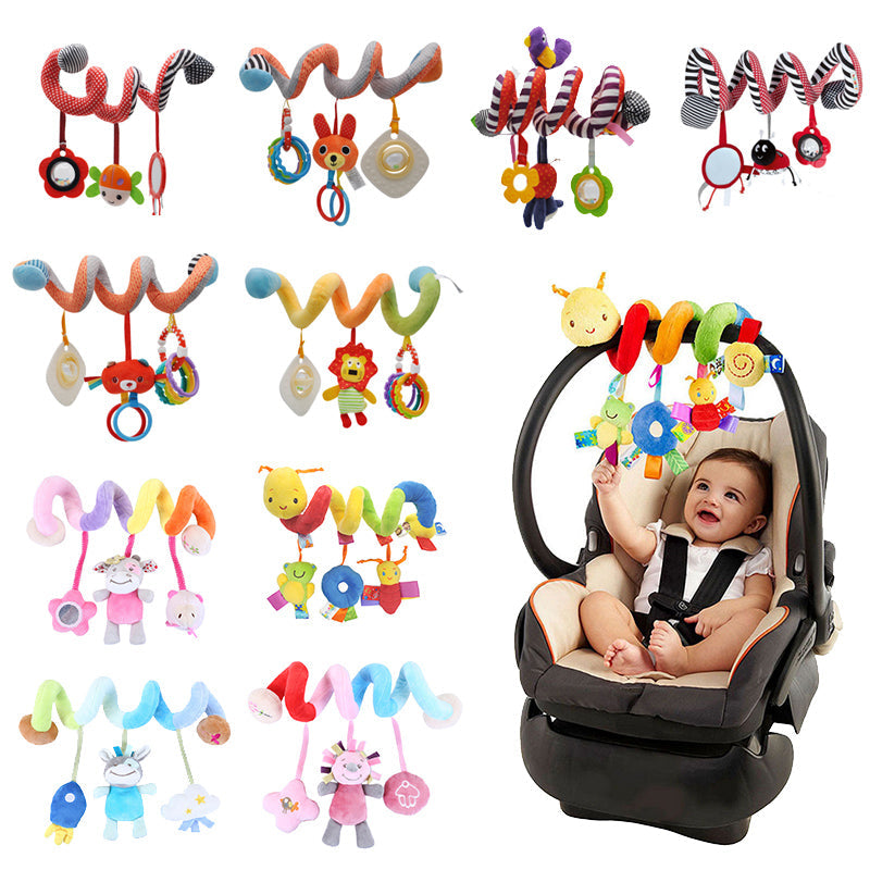 Colorful spiral activity toy for baby sensory development, hangs on crib or stroller bar.