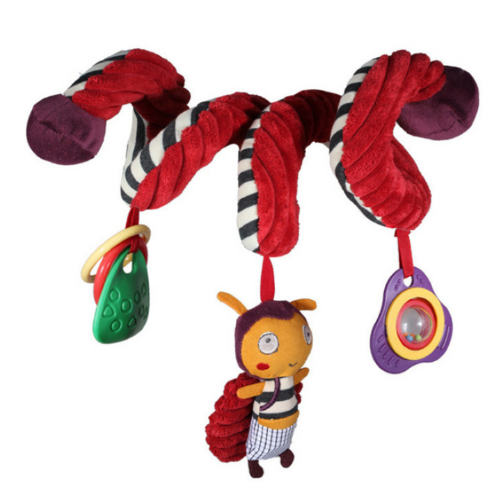 Baby spiral activity toy, sensory development plush rattle for car seat, stroller, crib.