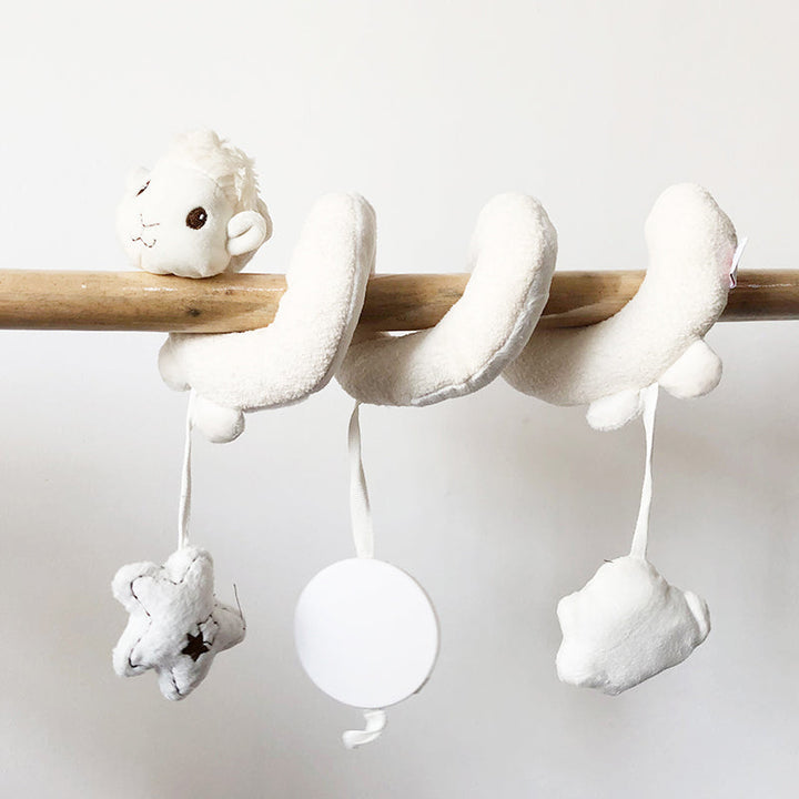 Plush spiral activity toy for babies, enhances sensory skills, fits strollers, cribs, car seats.