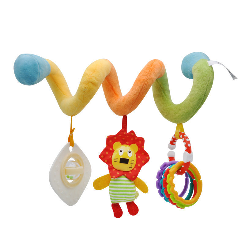 Baby's first spiral activity rattle, soft sensory toy for stroller, crib, and car seat fun.