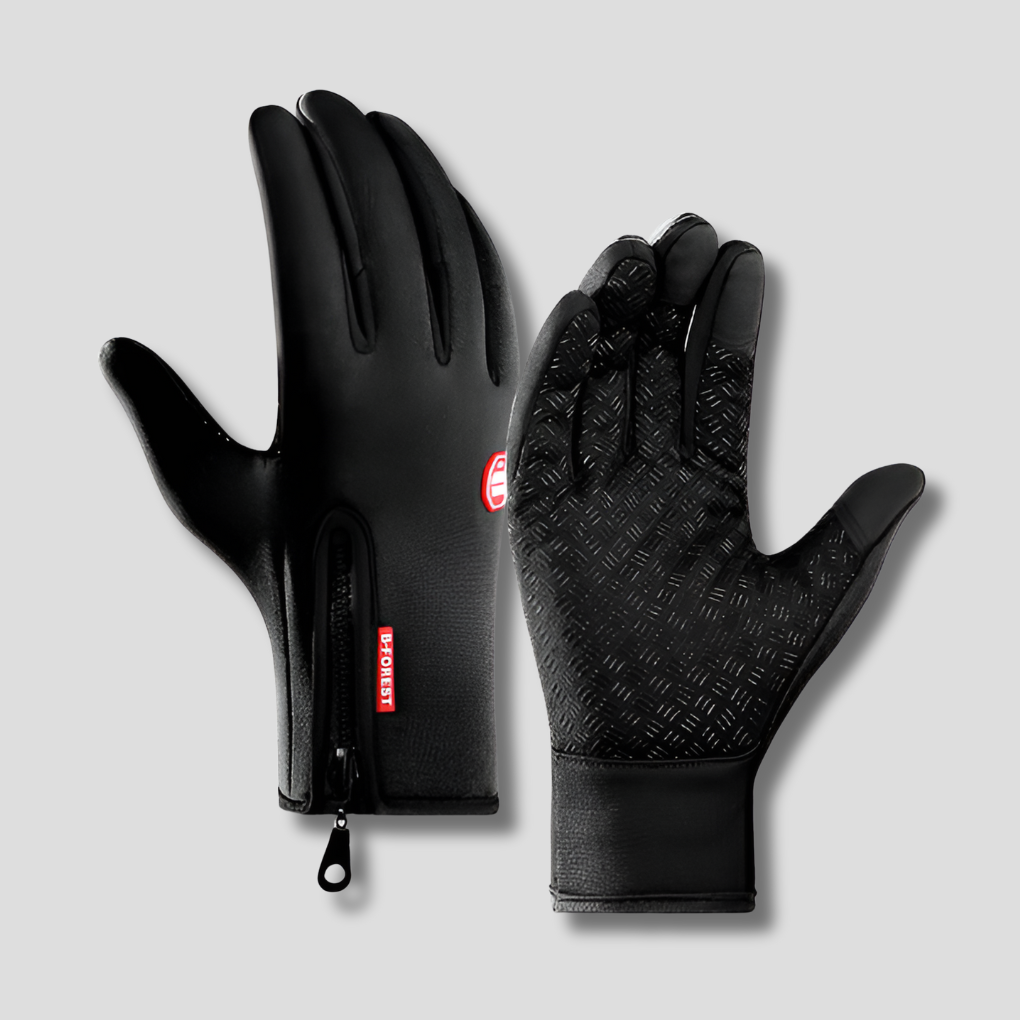 Unisex black heated winter cycling & ski gloves with touchscreen, waterproof and windproof features.