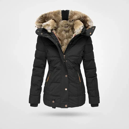 Unisex black water-resistant winter jacket with detachable hood, insulated for cold weather.