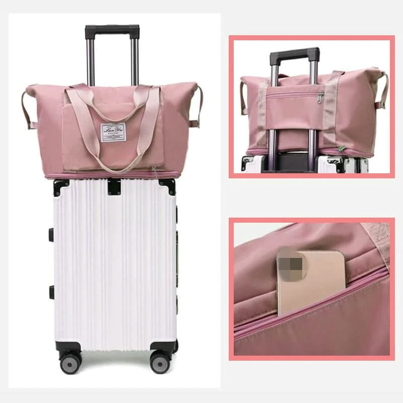 Two lightweight waterproof carry-all weekender travel bags, highlighting the 1+1 free offer for travelers.