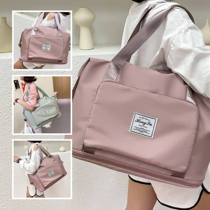 Water-resistant expandable luggage on a damp surface, demonstrating its waterproof capability for travel.