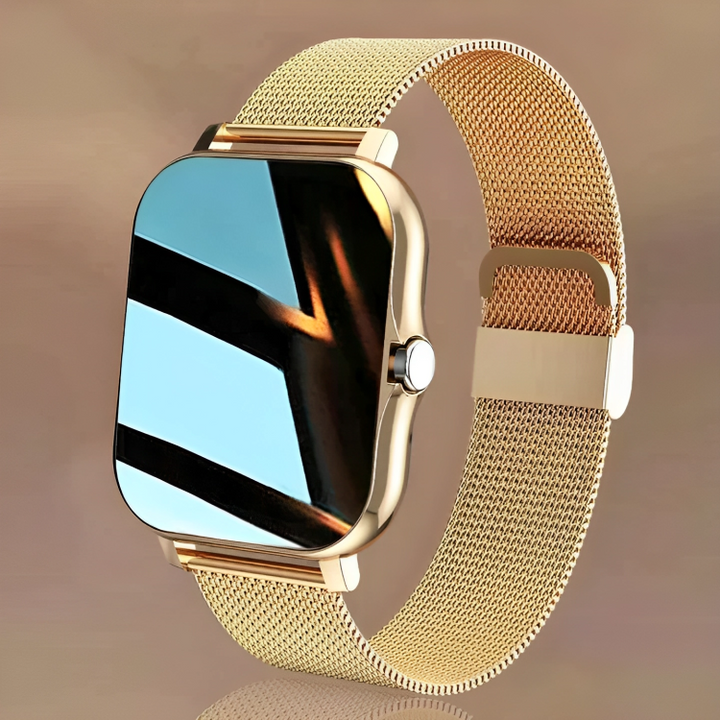 Unisex Bluetooth smartwatch with steel band, health monitor, and activity tracker display.