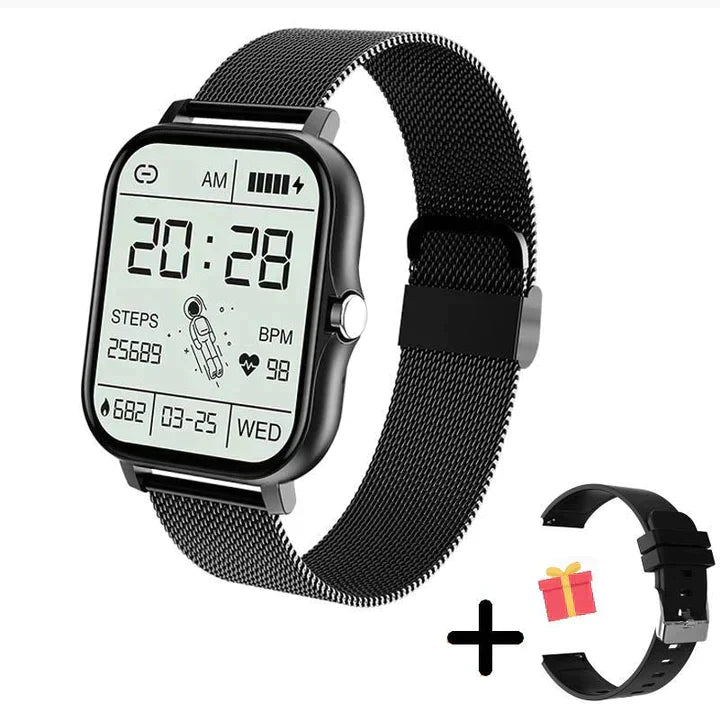 Wearable tech digital watch with waterproof design, health monitor, and convenient steel band.
