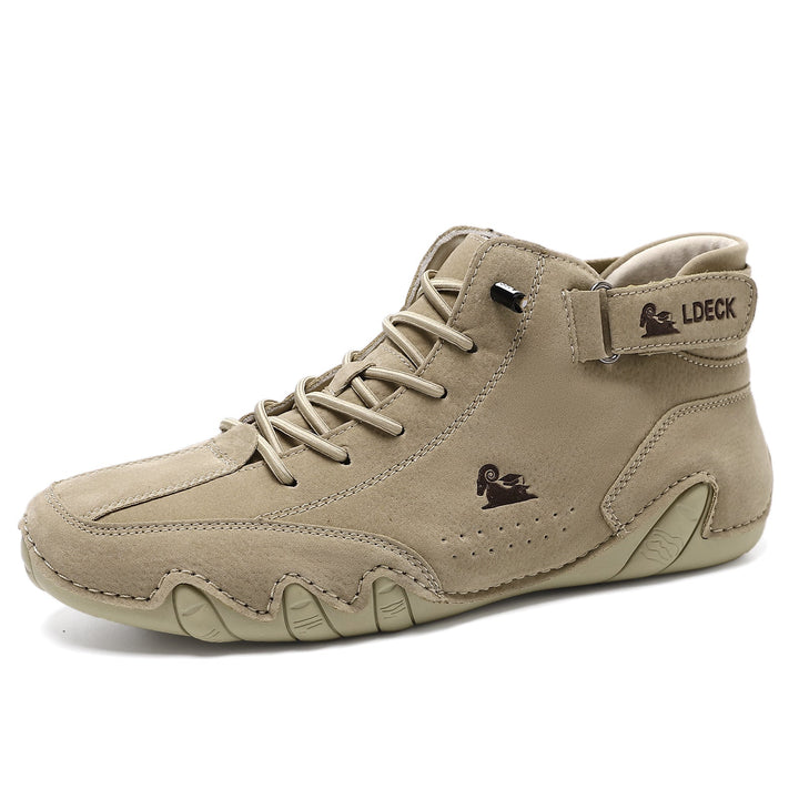 Top-down view of new unisex leather barefoot shoes, ideal for natural walking and outdoor use.