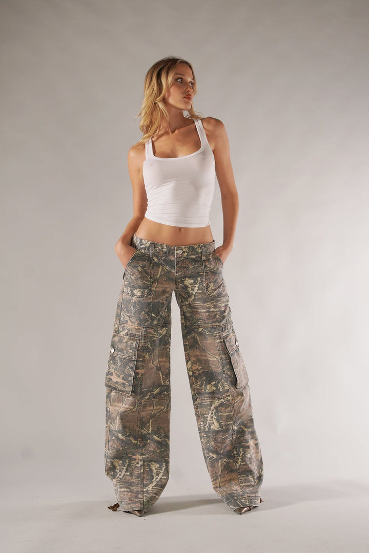 Durable unisex camo cargo pants, relaxed fit for outdoor adventures and utility.