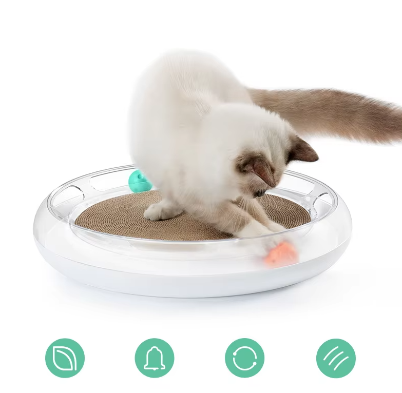 Unisex cat scratching board toy with interactive play balls for feline enrichment & healthy claw care.
