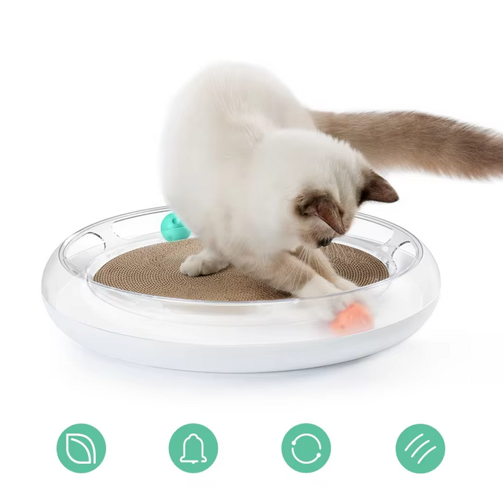 Unisex cat scratching board toy with interactive play balls for feline enrichment & healthy claw care.