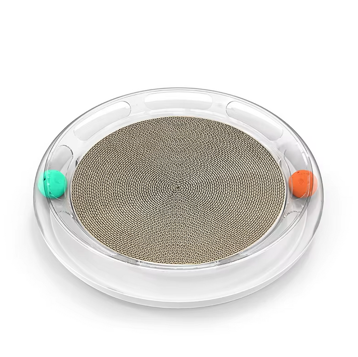 Engaging cat scratching board with play balls provides endless interactive fun and vital claw care for pets.