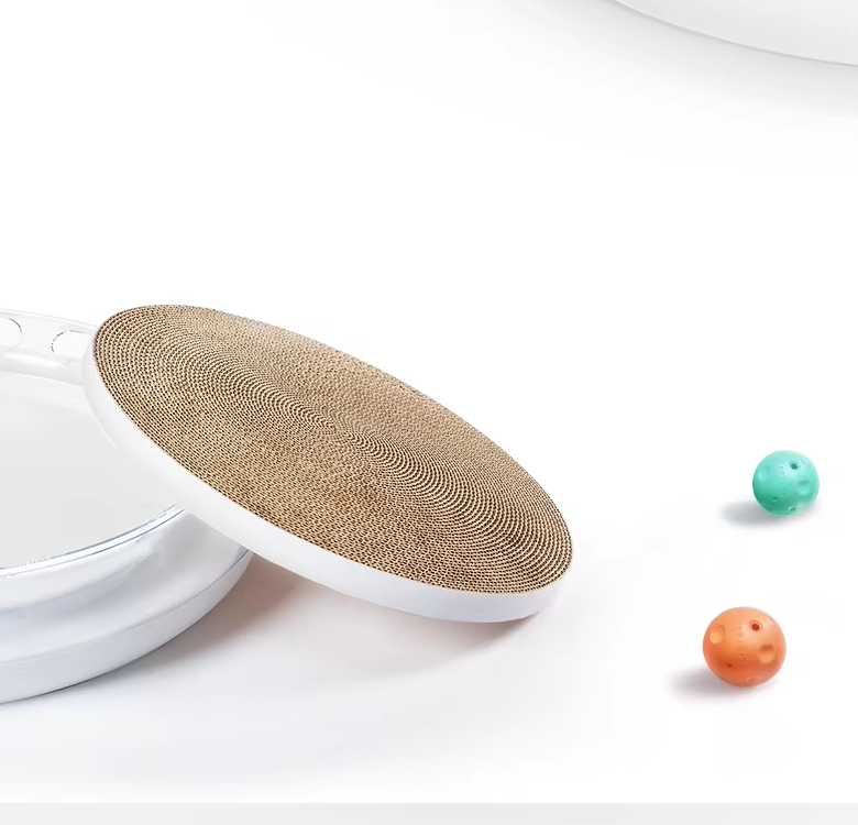Interactive cat scratching board with multiple play balls, stimulating feline senses and encouraging active play.