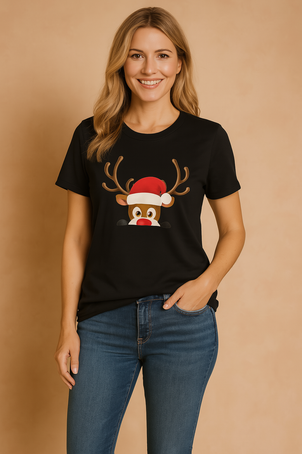 Festive unisex Christmas t-shirt featuring a playful reindeer in a Santa hat. Great holiday gift & casual winter wear.
