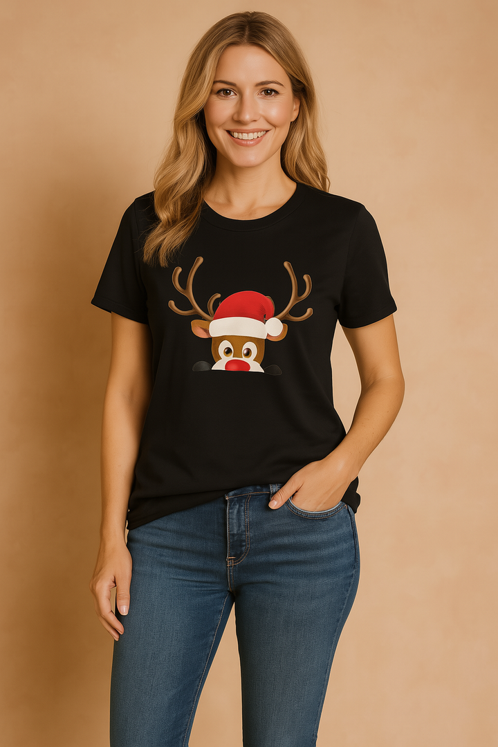 Festive unisex Christmas t-shirt featuring a playful reindeer in a Santa hat. Great holiday gift & casual winter wear.