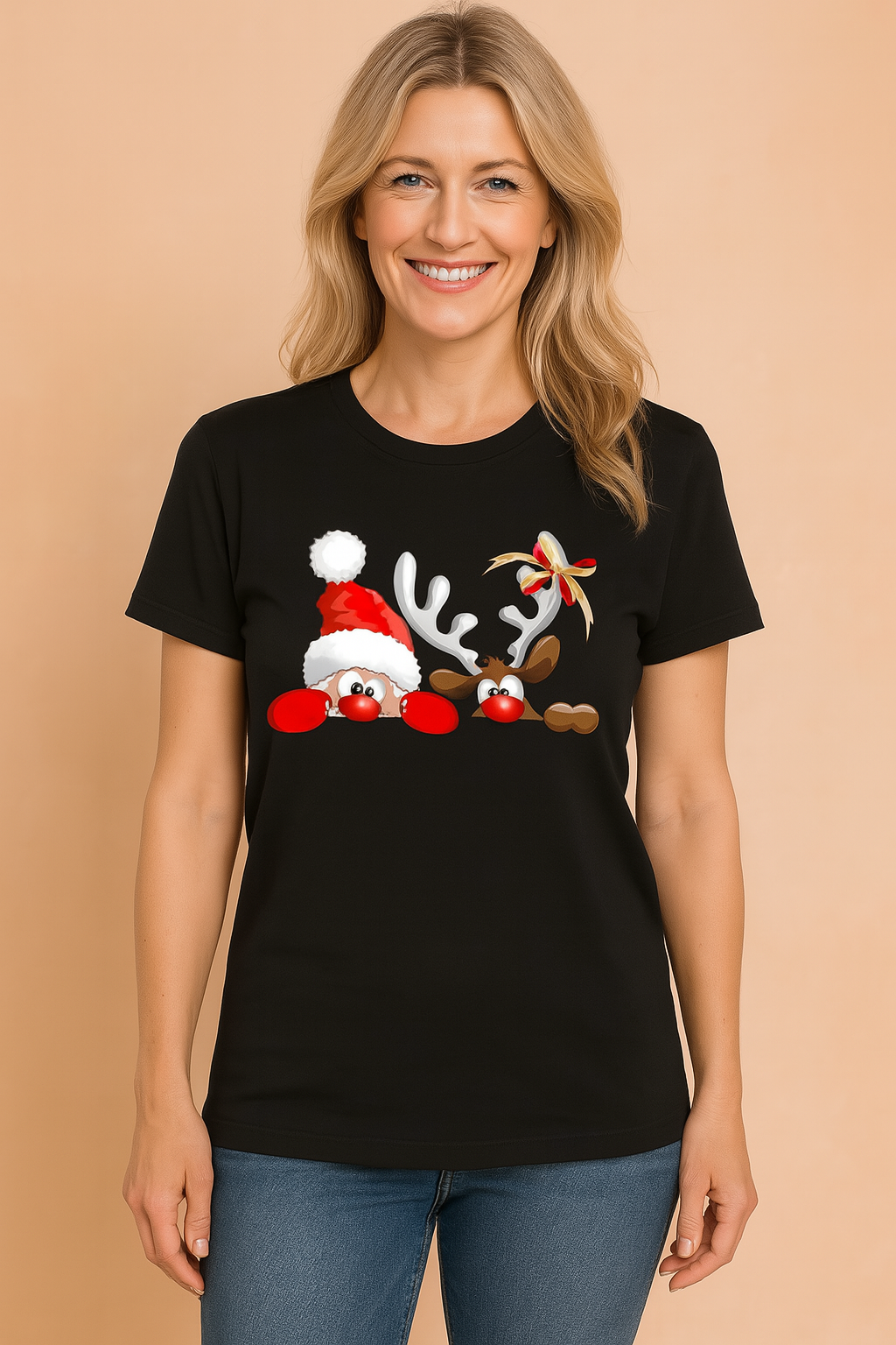 Fun graphic Christmas t-shirt: a cheerful reindeer with a Santa hat. Ideal festive tee for holiday parties & casual wear.