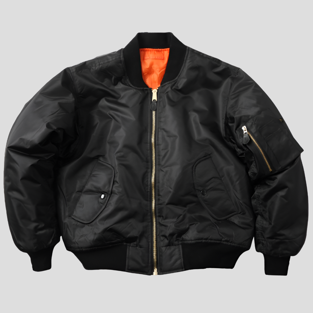 Classic black lightweight bomber jacket with ribbed cuffs, suitable for men and women, wind resistant.