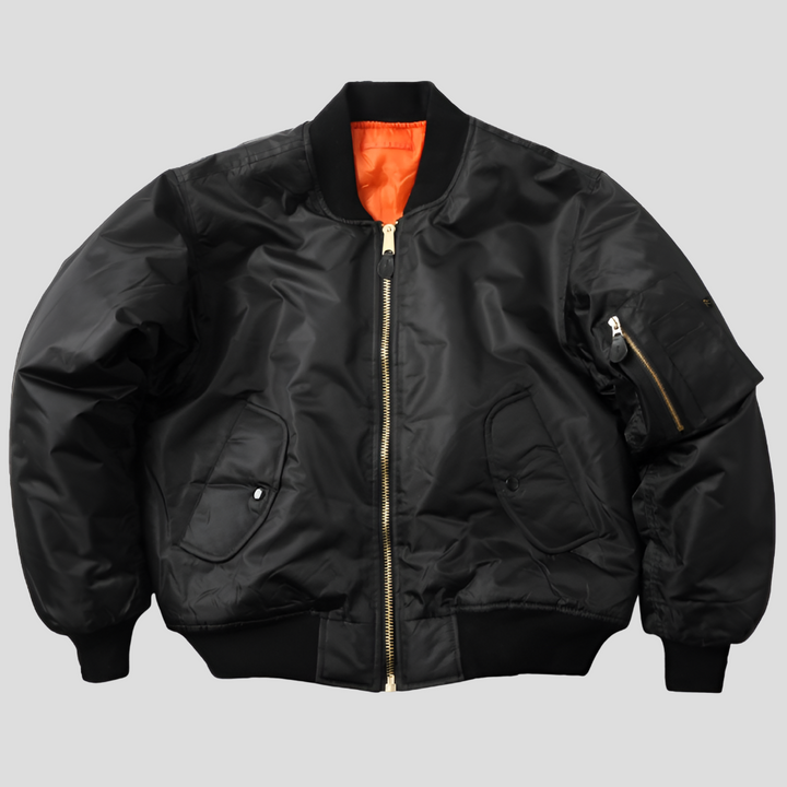 Classic black lightweight bomber jacket with ribbed cuffs, suitable for men and women, wind resistant.