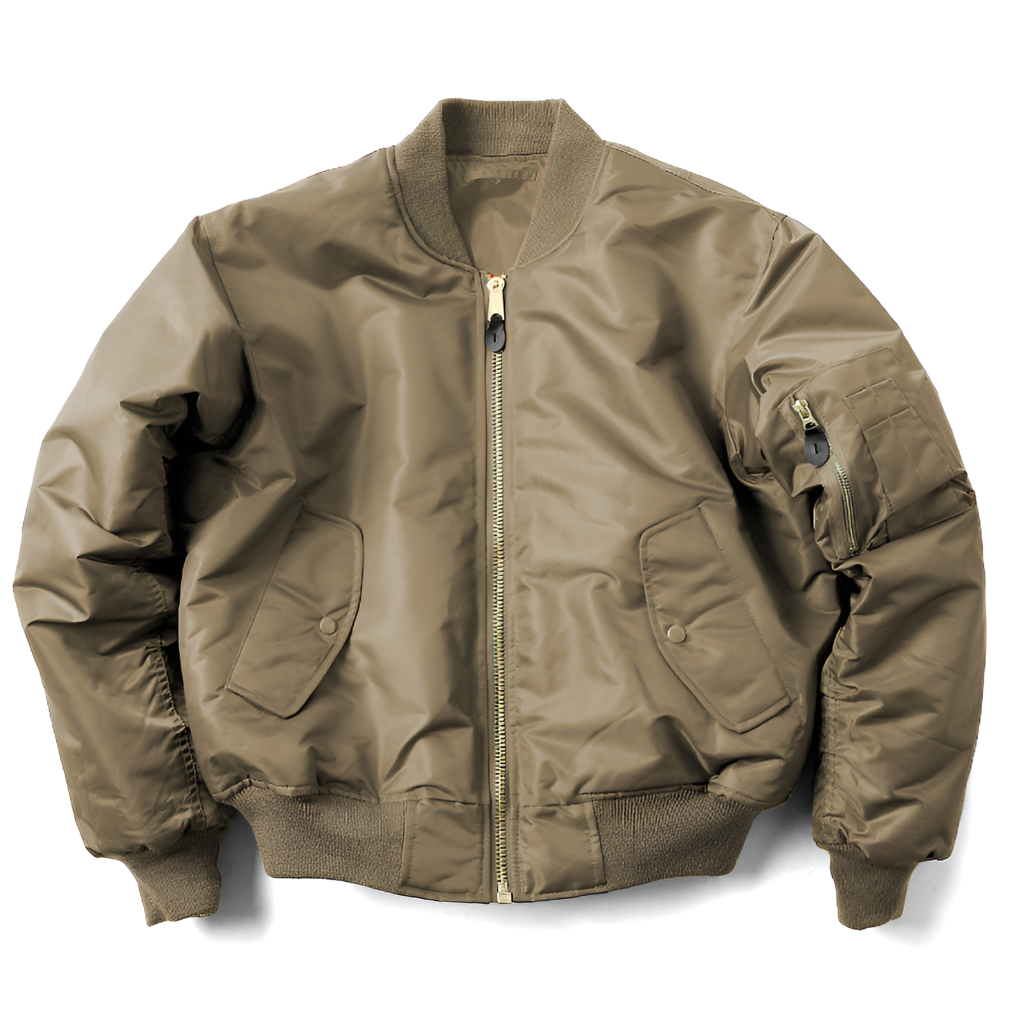 Front view of a versatile unisex bomber jacket in a classic fit, made for all seasons, comfortable polyester.