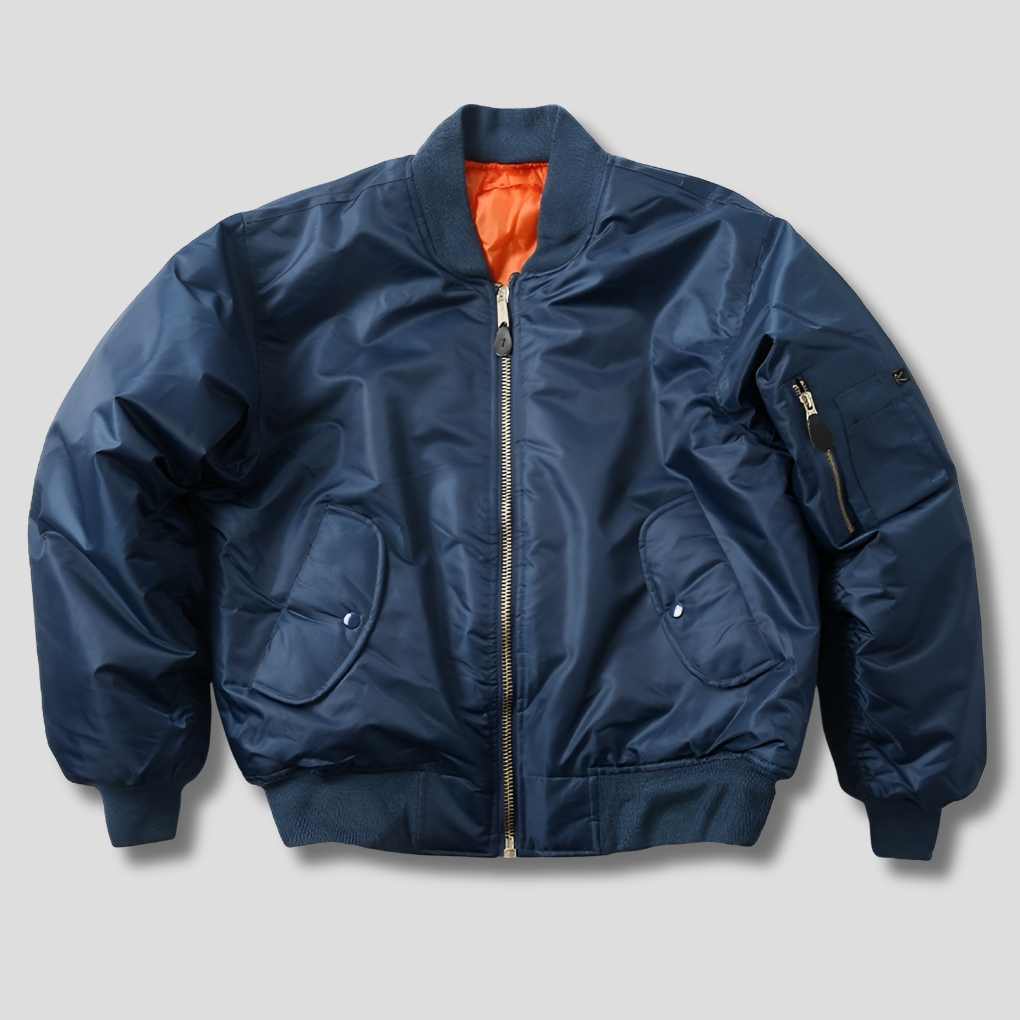 Side profile of a lightweight wind resistant unisex bomber jacket, ideal outerwear for fall & spring fashion.