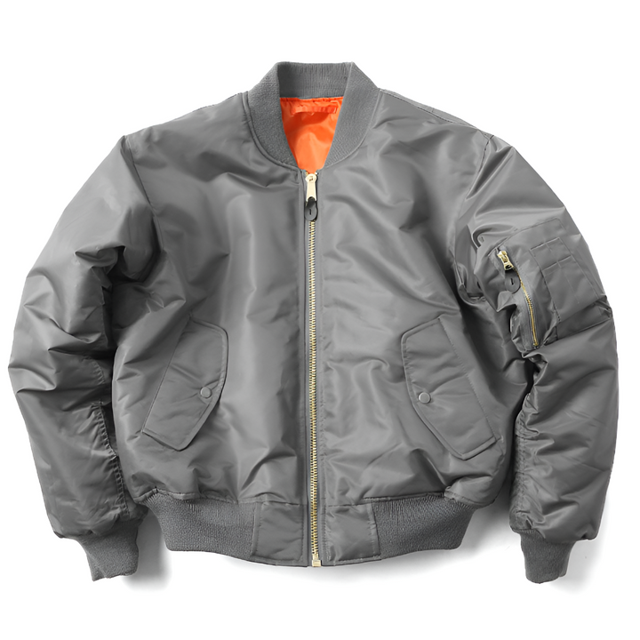 Back view of a classic unisex bomber jacket in a neutral color, suitable for everyday casual wear.